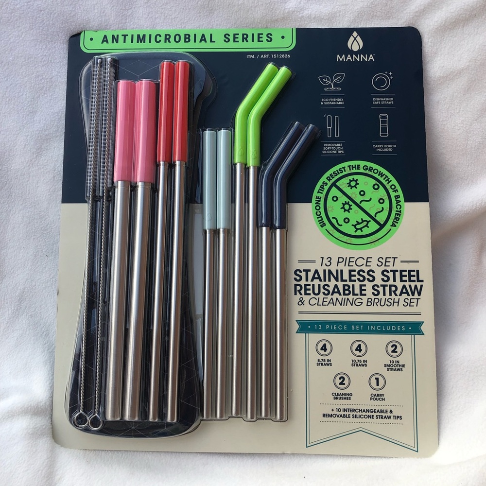 NWT Manna Stainless Steel Reusable Straws 13pc Set